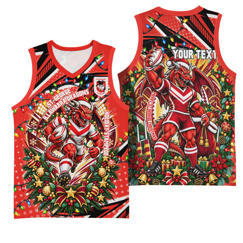 Personalized St. George Illawarra Dragons Rugby Christmas Basketball Jersey Holiday Mascot Graphic Art Festive Lights Bow