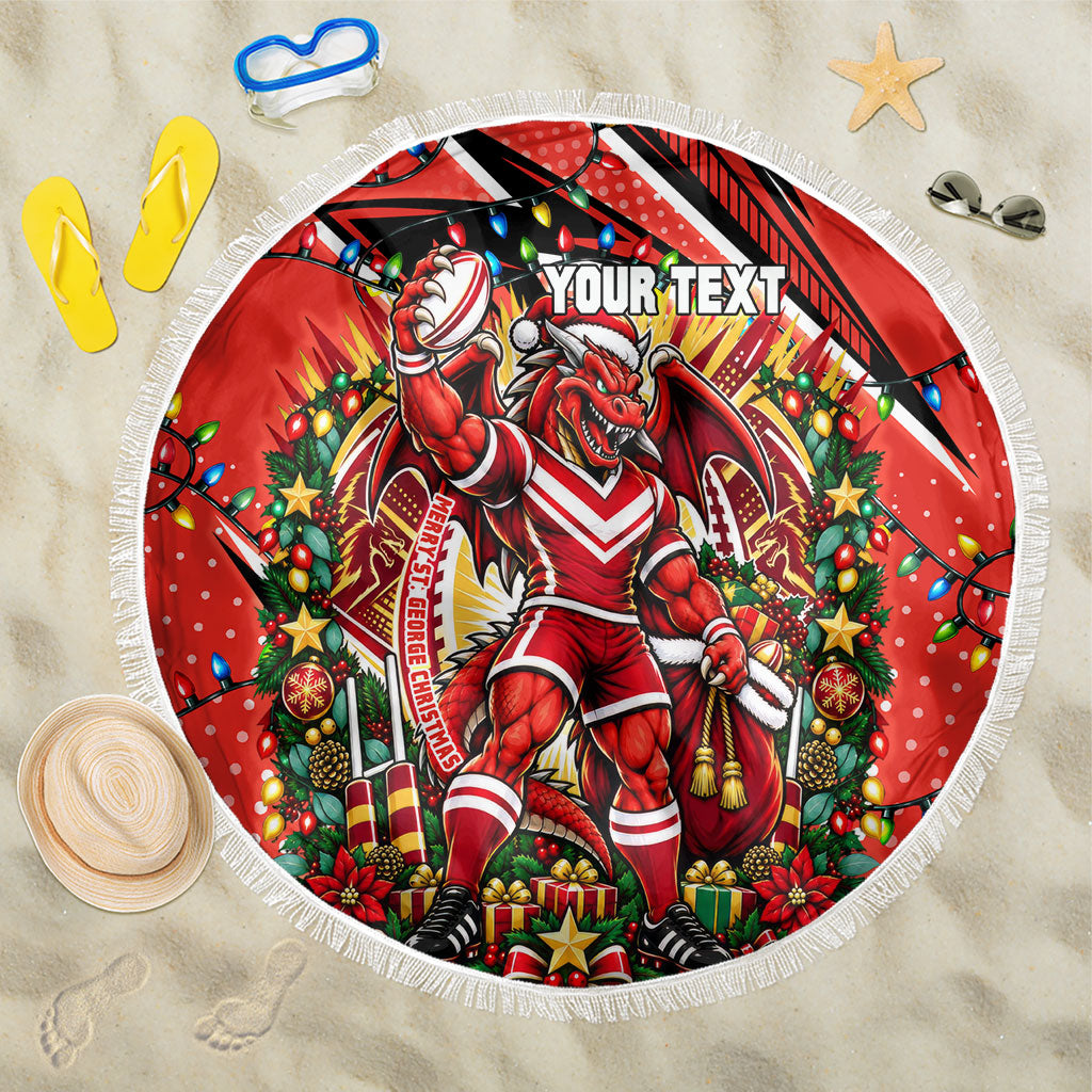 Personalized St. George Illawarra Dragons Rugby Christmas Beach Blanket Holiday Mascot Graphic Art Festive Lights Bow