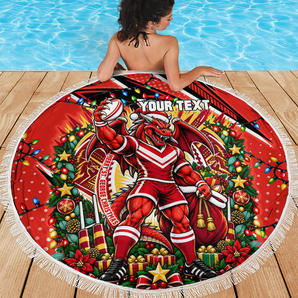 Personalized St. George Illawarra Dragons Rugby Christmas Beach Blanket Holiday Mascot Graphic Art Festive Lights Bow