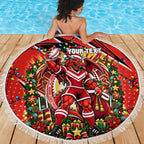 Personalized St. George Illawarra Dragons Rugby Christmas Beach Blanket Holiday Mascot Graphic Art Festive Lights Bow