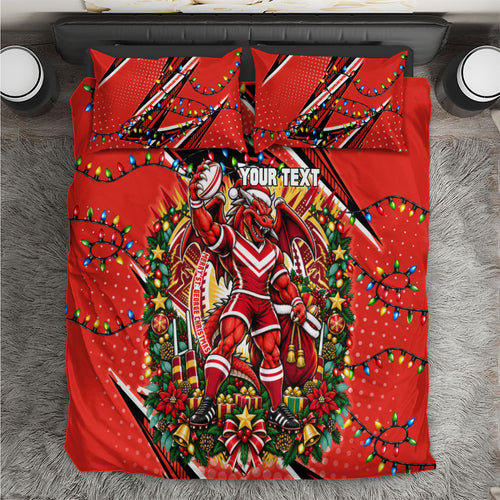 Personalized St. George Illawarra Dragons Rugby Christmas Bedding Set Holiday Mascot Graphic Art Festive Lights Bow
