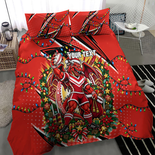 Personalized St. George Illawarra Dragons Rugby Christmas Bedding Set Holiday Mascot Graphic Art Festive Lights Bow
