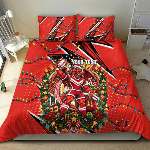 Personalized St. George Illawarra Dragons Rugby Christmas Bedding Set Holiday Mascot Graphic Art Festive Lights Bow