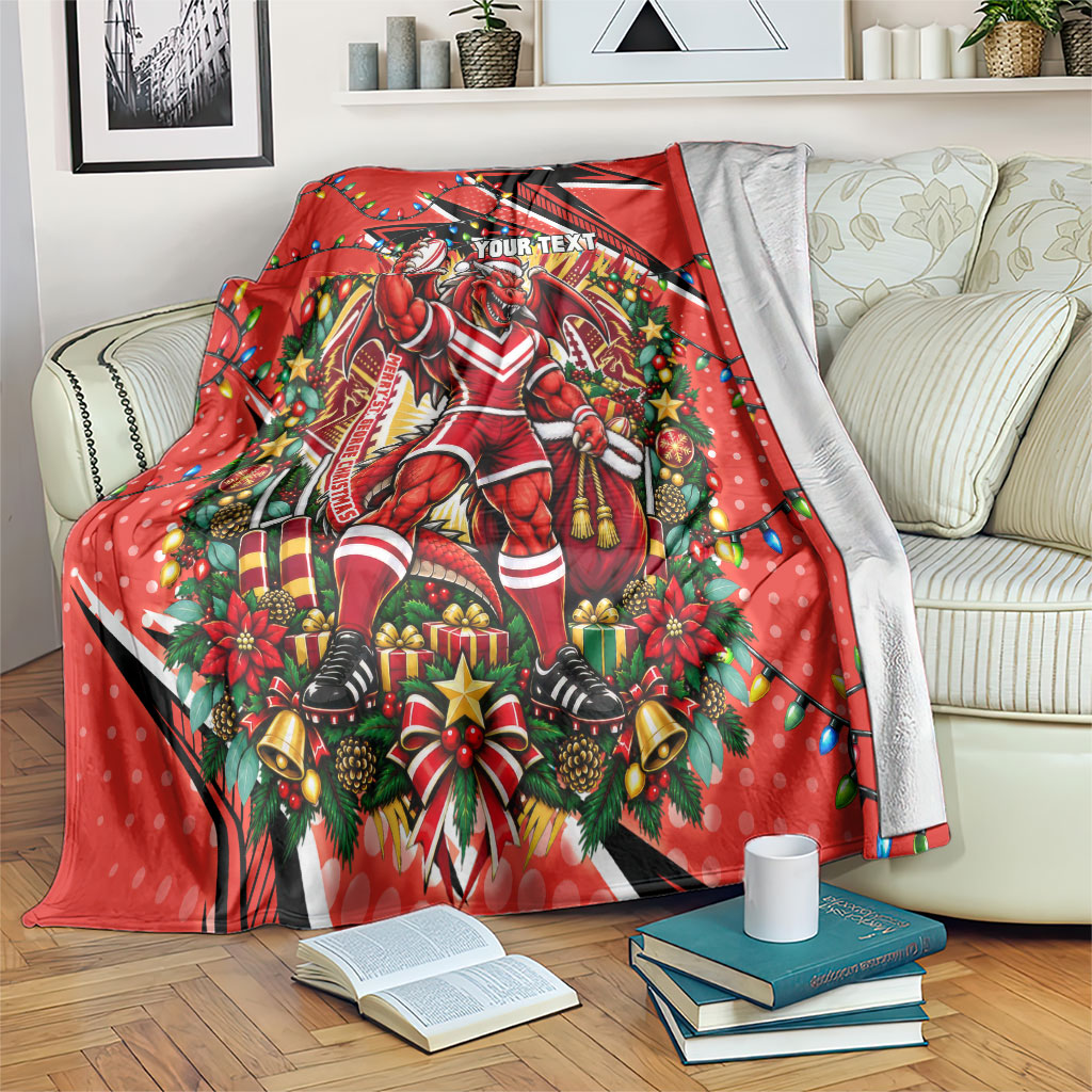 Personalized St. George Illawarra Dragons Rugby Christmas Blanket Holiday Mascot Graphic Art Festive Lights Bow