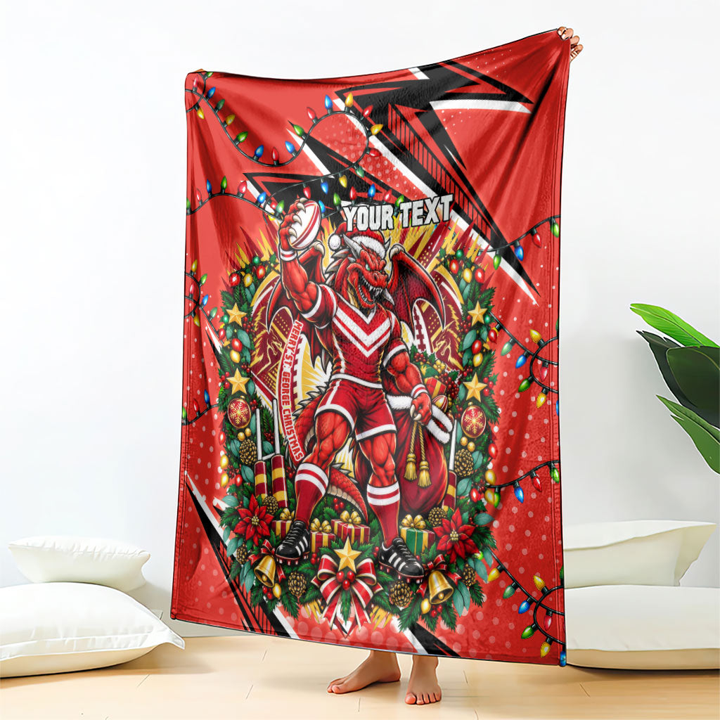 Personalized St. George Illawarra Dragons Rugby Christmas Blanket Holiday Mascot Graphic Art Festive Lights Bow
