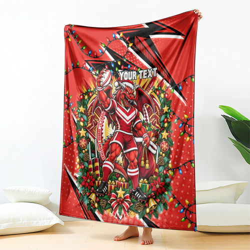 Personalized St. George Illawarra Dragons Rugby Christmas Blanket Holiday Mascot Graphic Art Festive Lights Bow