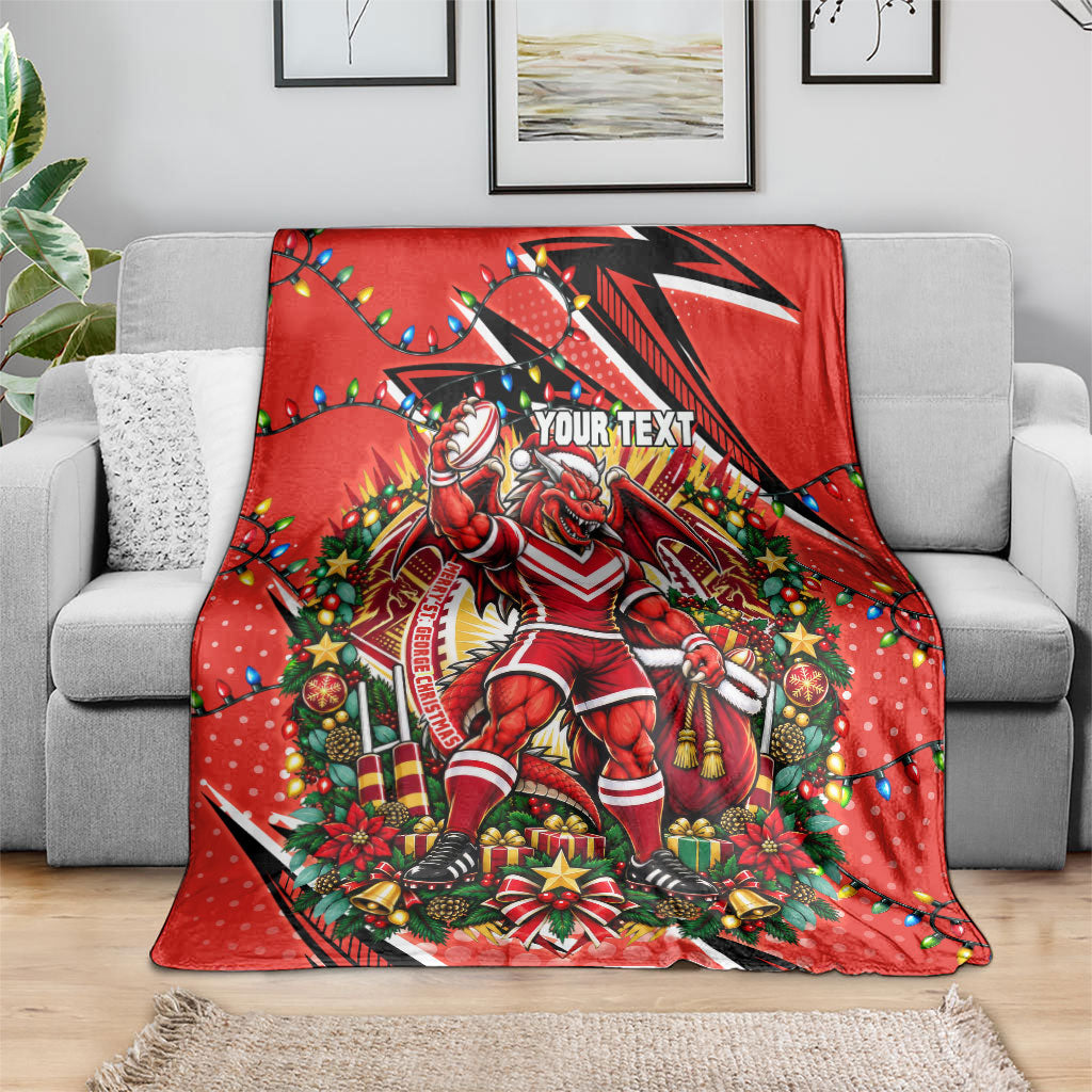 Personalized St. George Illawarra Dragons Rugby Christmas Blanket Holiday Mascot Graphic Art Festive Lights Bow