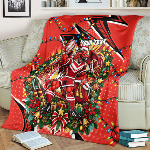 Personalized St. George Illawarra Dragons Rugby Christmas Blanket Holiday Mascot Graphic Art Festive Lights Bow