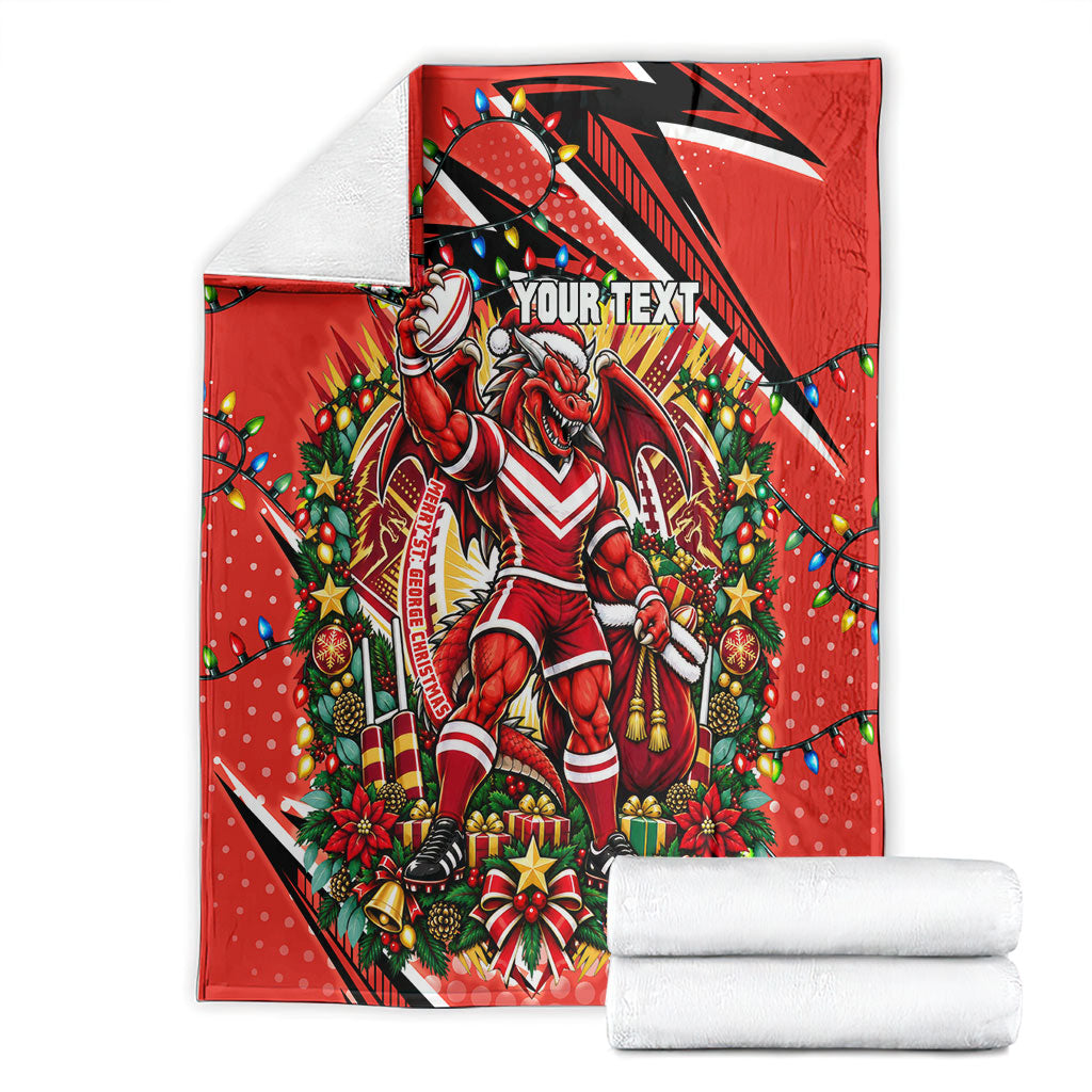 Personalized St. George Illawarra Dragons Rugby Christmas Blanket Holiday Mascot Graphic Art Festive Lights Bow