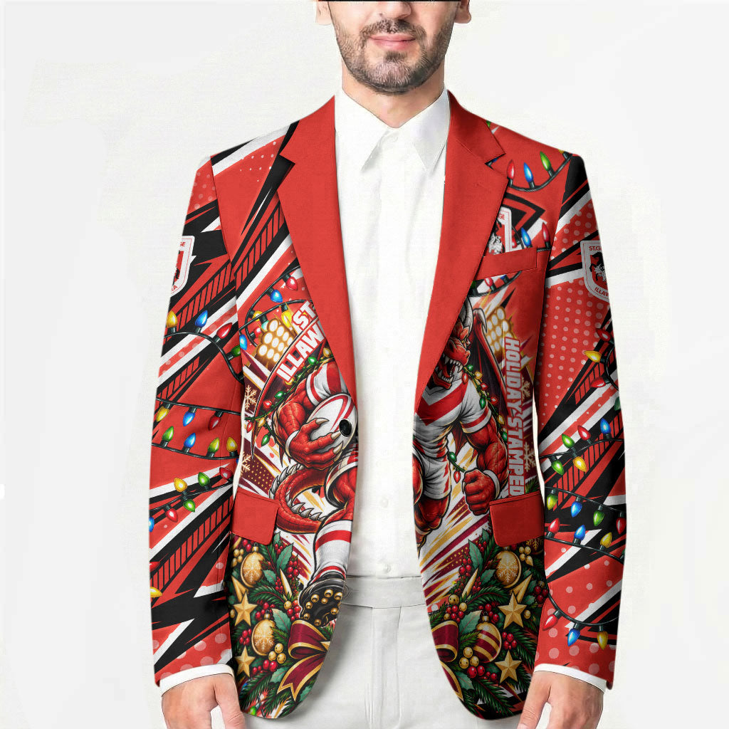 Personalized St. George Illawarra Dragons Rugby Christmas Blazer Holiday Mascot Graphic Art Festive Lights Bow