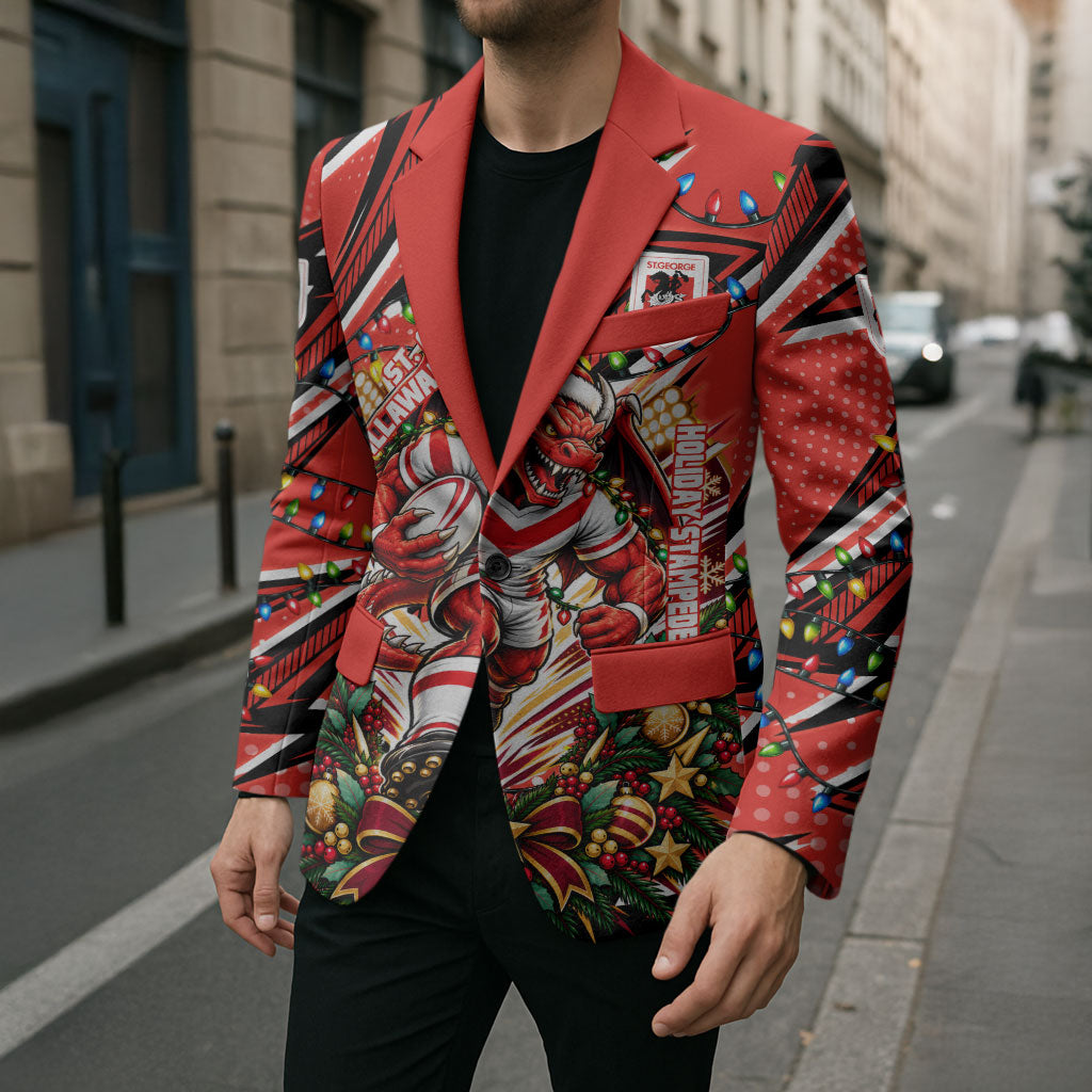 Personalized St. George Illawarra Dragons Rugby Christmas Blazer Holiday Mascot Graphic Art Festive Lights Bow