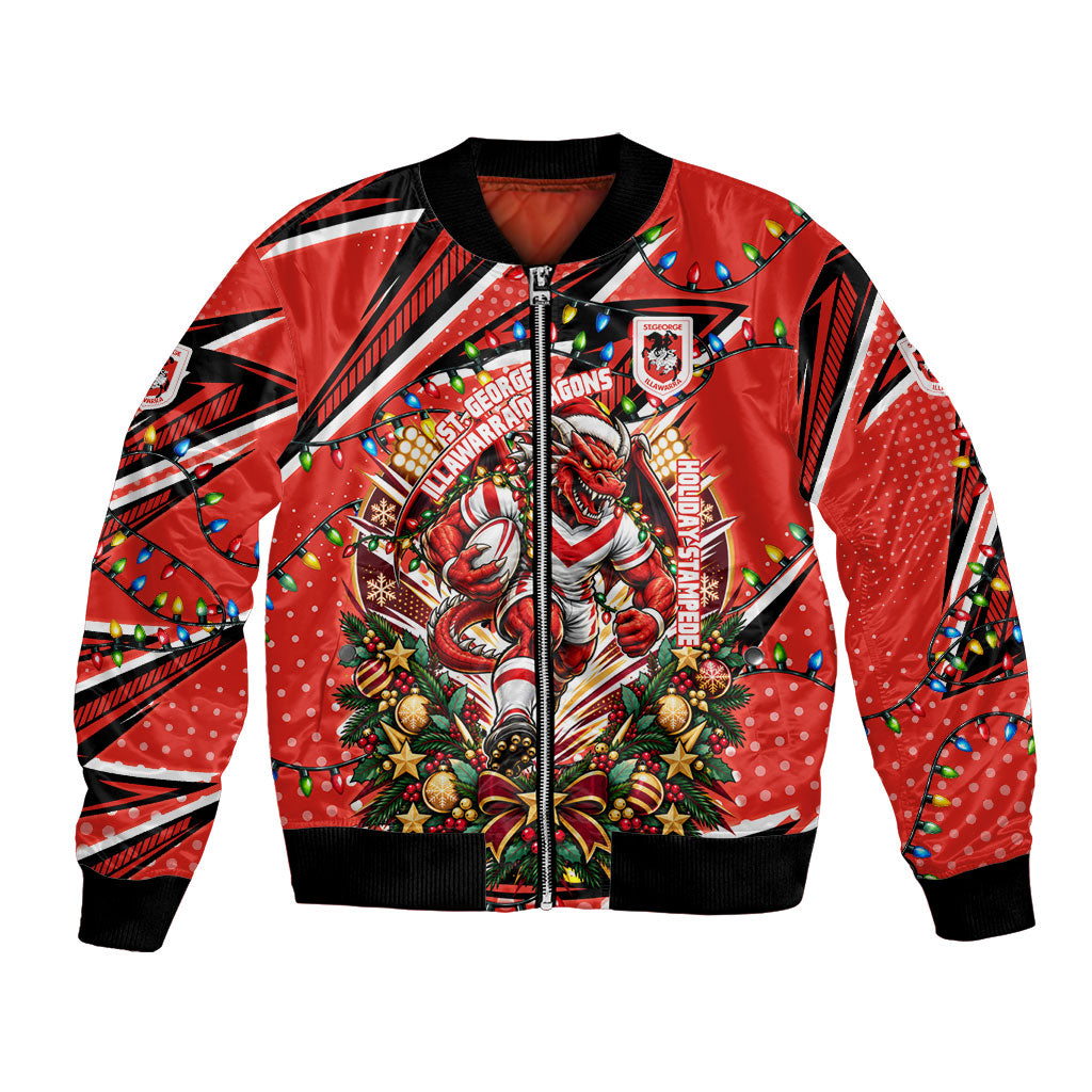 Personalized St. George Illawarra Dragons Rugby Christmas Bomber Jacket Holiday Mascot Graphic Art Festive Lights Bow