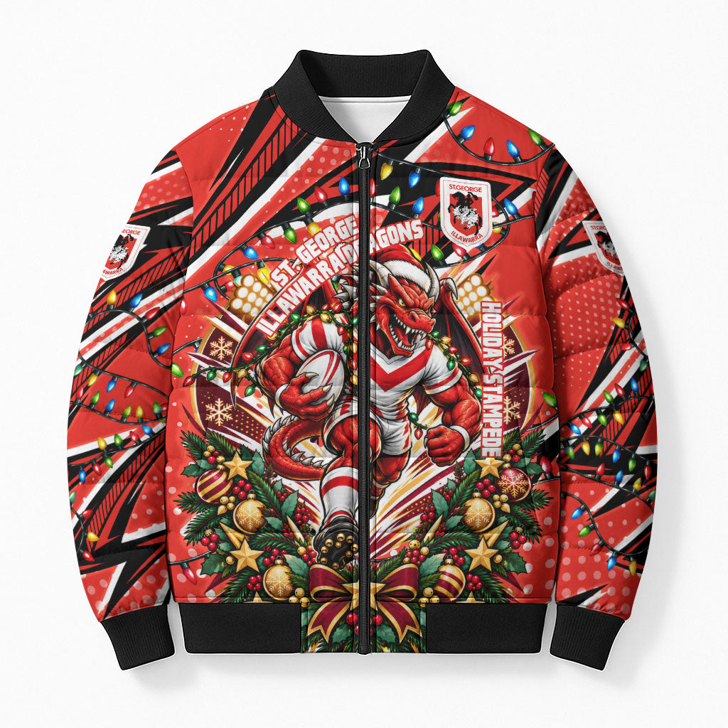 Personalized St. George Illawarra Dragons Rugby Christmas Bomber Puffer Jacket Holiday Mascot Graphic Art Festive Lights Bow