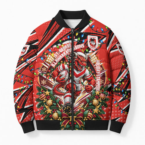 Personalized St. George Illawarra Dragons Rugby Christmas Bomber Puffer Jacket Holiday Mascot Graphic Art Festive Lights Bow