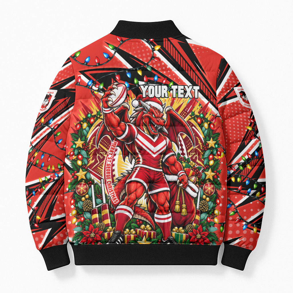 Personalized St. George Illawarra Dragons Rugby Christmas Bomber Puffer Jacket Holiday Mascot Graphic Art Festive Lights Bow
