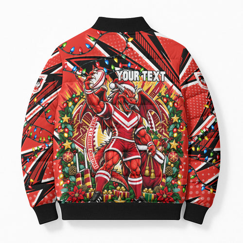 Personalized St. George Illawarra Dragons Rugby Christmas Bomber Puffer Jacket Holiday Mascot Graphic Art Festive Lights Bow