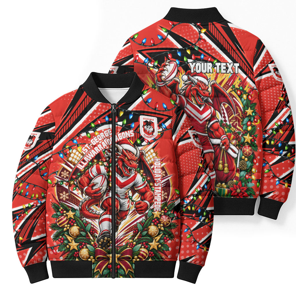 Personalized St. George Illawarra Dragons Rugby Christmas Bomber Puffer Jacket Holiday Mascot Graphic Art Festive Lights Bow