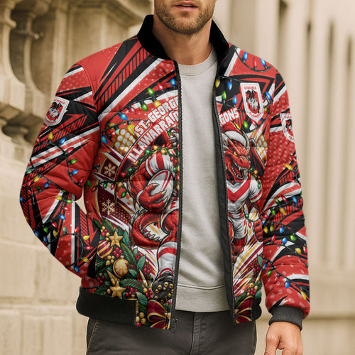 Personalized St. George Illawarra Dragons Rugby Christmas Bomber Puffer Jacket Holiday Mascot Graphic Art Festive Lights Bow