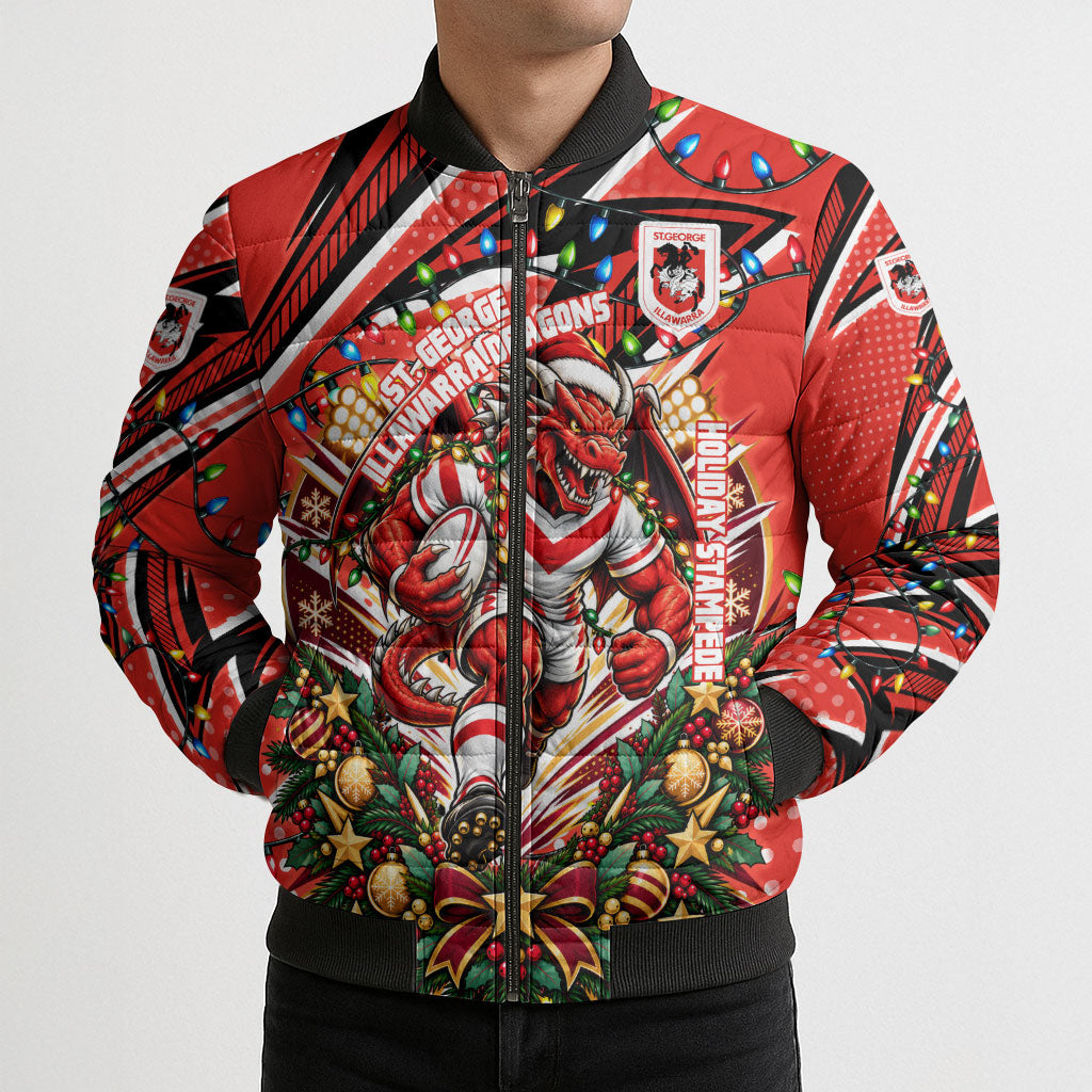 Personalized St. George Illawarra Dragons Rugby Christmas Bomber Puffer Jacket Holiday Mascot Graphic Art Festive Lights Bow