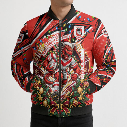 Personalized St. George Illawarra Dragons Rugby Christmas Bomber Puffer Jacket Holiday Mascot Graphic Art Festive Lights Bow