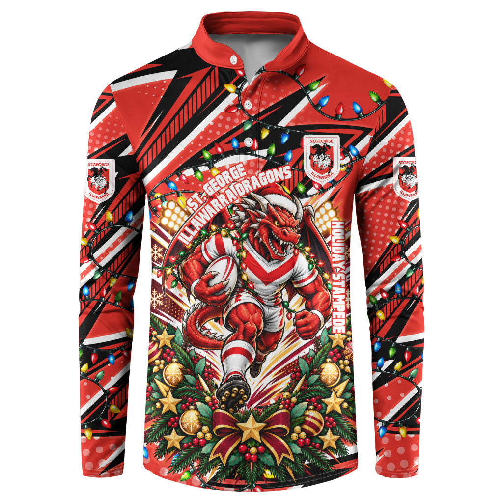 Personalized St. George Illawarra Dragons Rugby Christmas Button Sweatshirt Holiday Mascot Graphic Art Festive Lights Bow