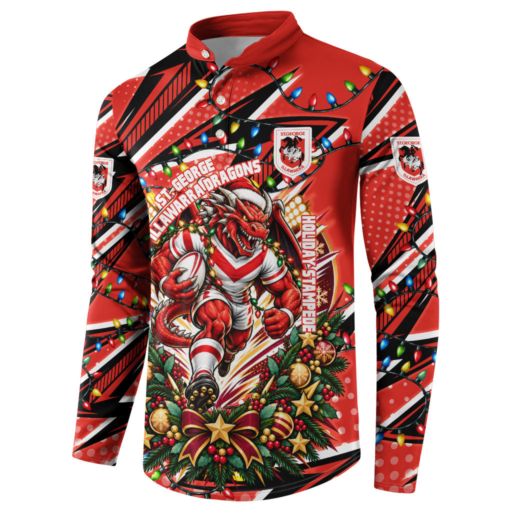 Personalized St. George Illawarra Dragons Rugby Christmas Button Sweatshirt Holiday Mascot Graphic Art Festive Lights Bow