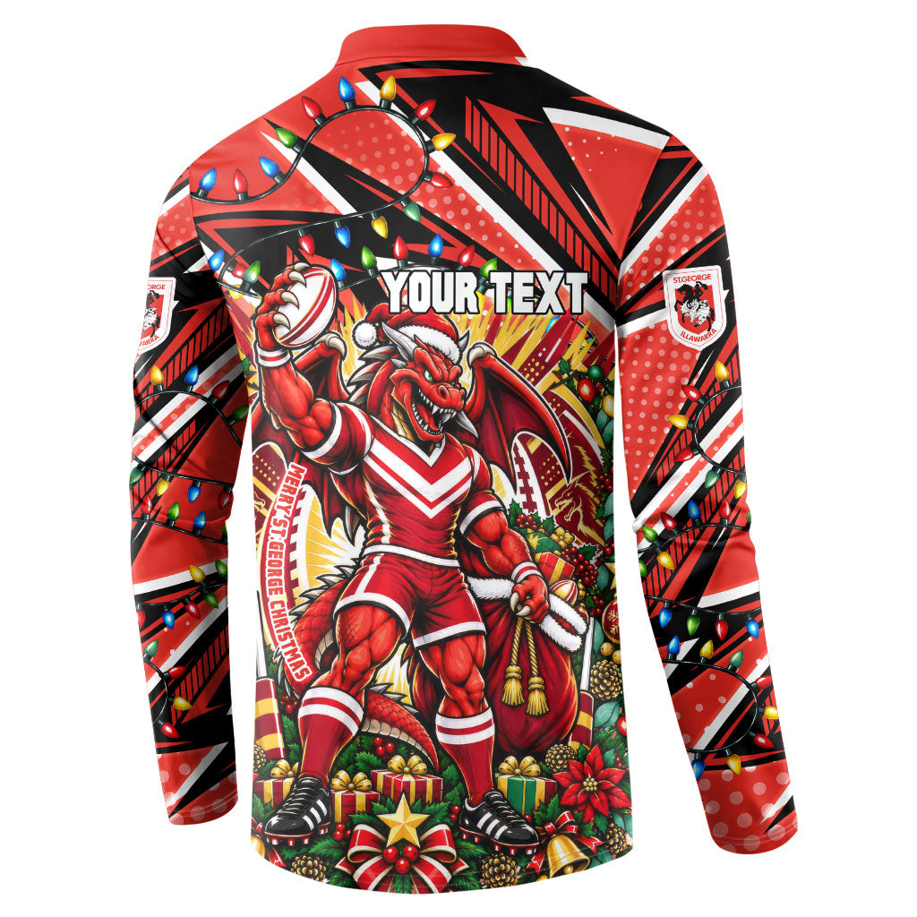 Personalized St. George Illawarra Dragons Rugby Christmas Button Sweatshirt Holiday Mascot Graphic Art Festive Lights Bow