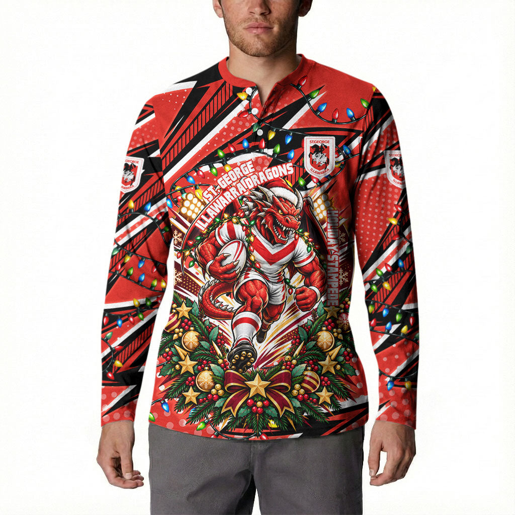 Personalized St. George Illawarra Dragons Rugby Christmas Button Sweatshirt Holiday Mascot Graphic Art Festive Lights Bow
