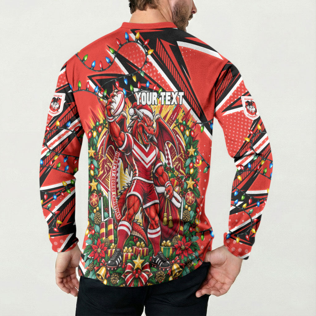 Personalized St. George Illawarra Dragons Rugby Christmas Button Sweatshirt Holiday Mascot Graphic Art Festive Lights Bow