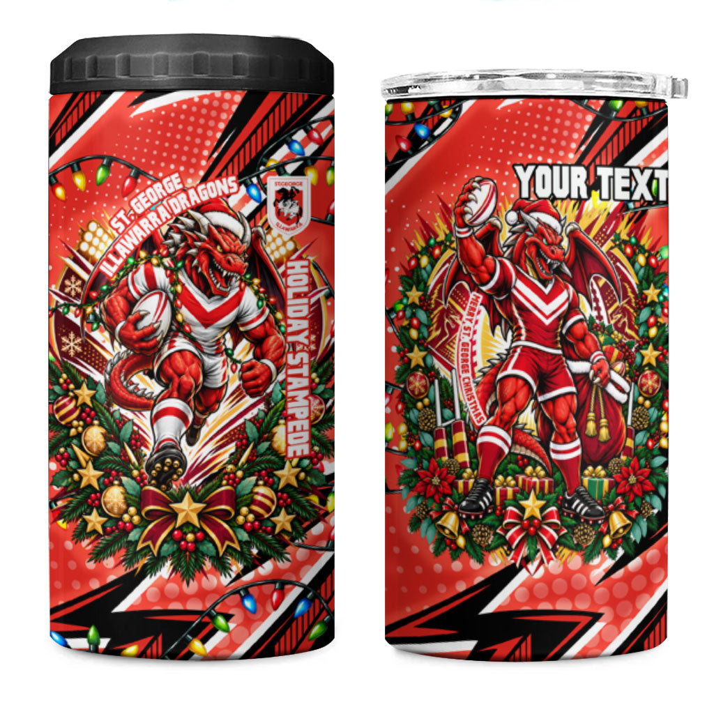 Personalized St. George Illawarra Dragons Rugby Christmas 4 in 1 Can Cooler Tumbler Holiday Mascot Graphic Art Festive Lights Bow