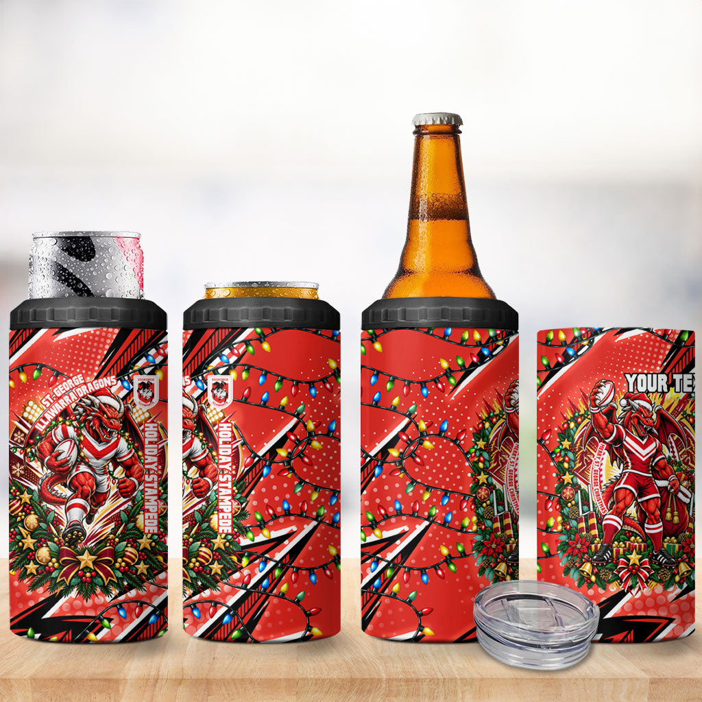 Personalized St. George Illawarra Dragons Rugby Christmas 4 in 1 Can Cooler Tumbler Holiday Mascot Graphic Art Festive Lights Bow