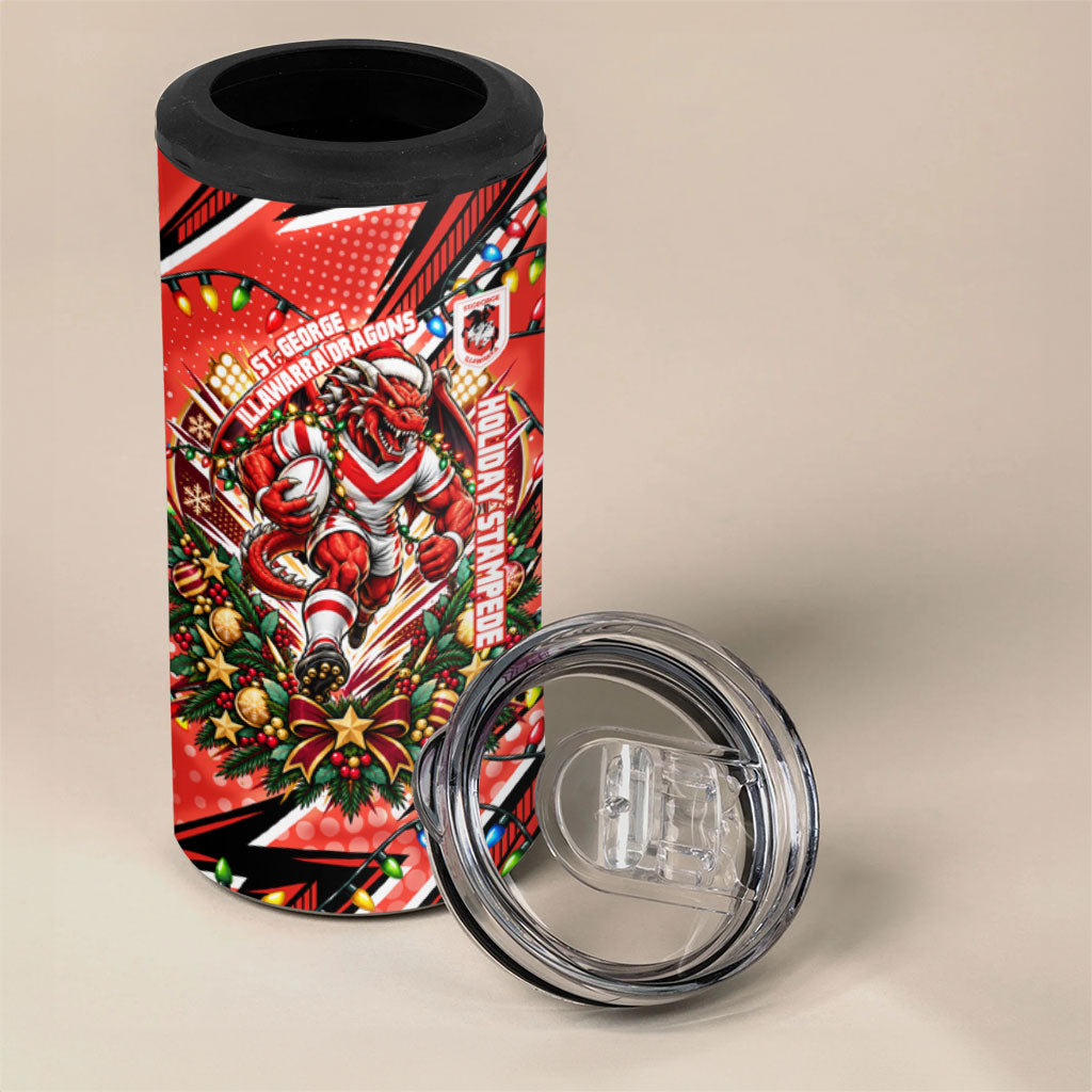Personalized St. George Illawarra Dragons Rugby Christmas 4 in 1 Can Cooler Tumbler Holiday Mascot Graphic Art Festive Lights Bow
