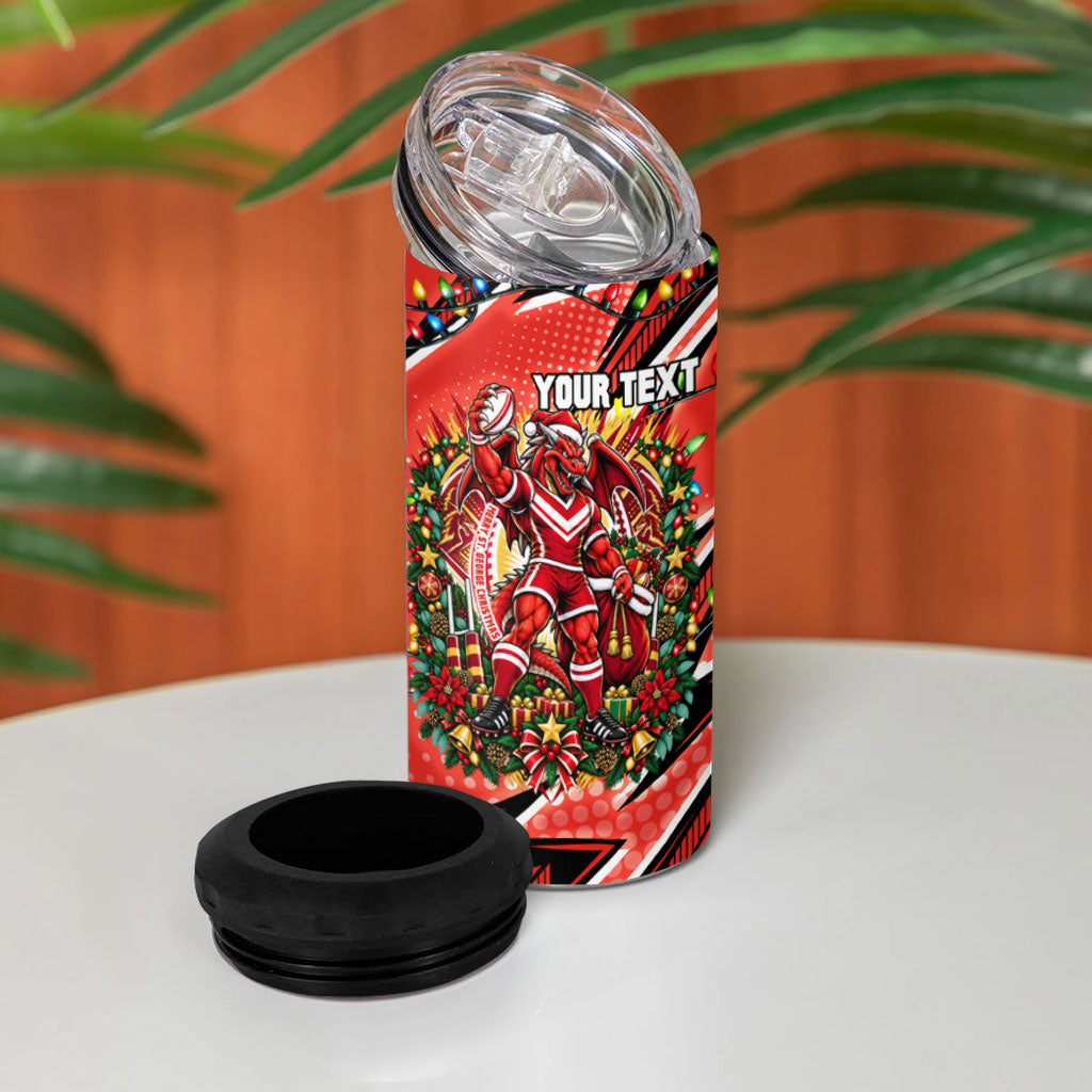 Personalized St. George Illawarra Dragons Rugby Christmas 4 in 1 Can Cooler Tumbler Holiday Mascot Graphic Art Festive Lights Bow