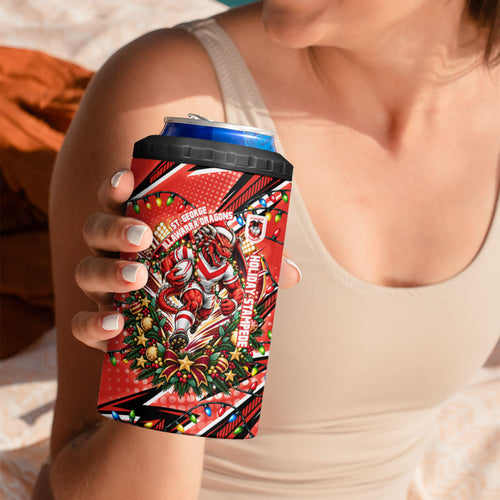 Personalized St. George Illawarra Dragons Rugby Christmas 4 in 1 Can Cooler Tumbler Holiday Mascot Graphic Art Festive Lights Bow