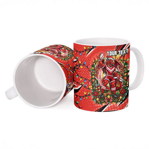 Personalized St. George Illawarra Dragons Rugby Christmas Ceramic Mug Holiday Mascot Graphic Art Festive Lights Bow