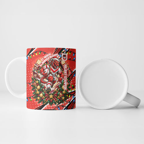 Personalized St. George Illawarra Dragons Rugby Christmas Ceramic Mug Holiday Mascot Graphic Art Festive Lights Bow