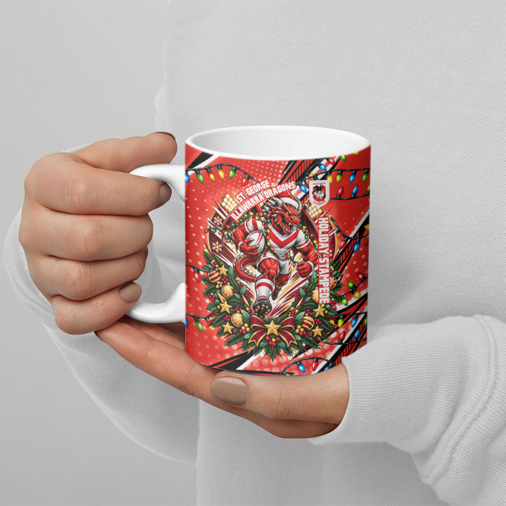 Personalized St. George Illawarra Dragons Rugby Christmas Ceramic Mug Holiday Mascot Graphic Art Festive Lights Bow