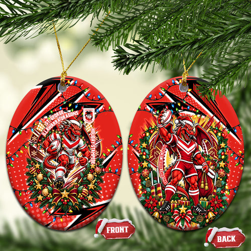 St. George Illawarra Dragons Rugby Christmas Ceramic Ornament Holiday Mascot Graphic Art Festive Lights Bow