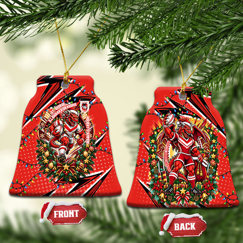 St. George Illawarra Dragons Rugby Christmas Ceramic Ornament Holiday Mascot Graphic Art Festive Lights Bow