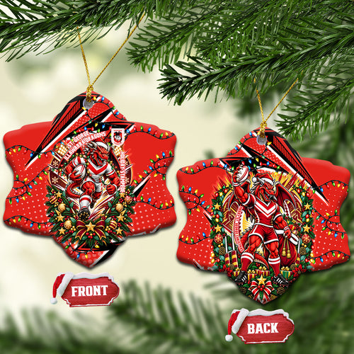 St. George Illawarra Dragons Rugby Christmas Ceramic Ornament Holiday Mascot Graphic Art Festive Lights Bow
