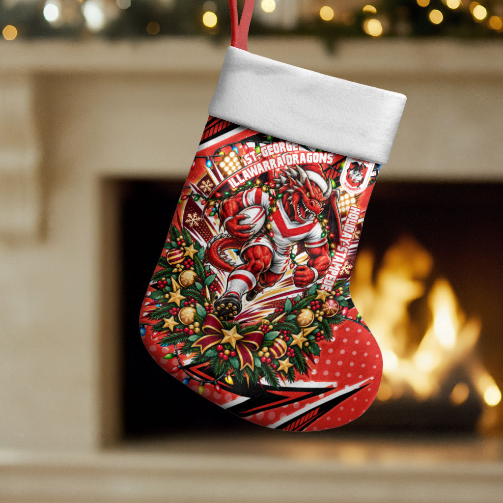 St. George Illawarra Dragons Rugby Christmas Stocking Holiday Mascot Graphic Art Festive Lights Bow