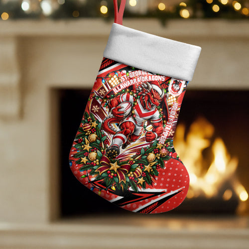 St. George Illawarra Dragons Rugby Christmas Stocking Holiday Mascot Graphic Art Festive Lights Bow