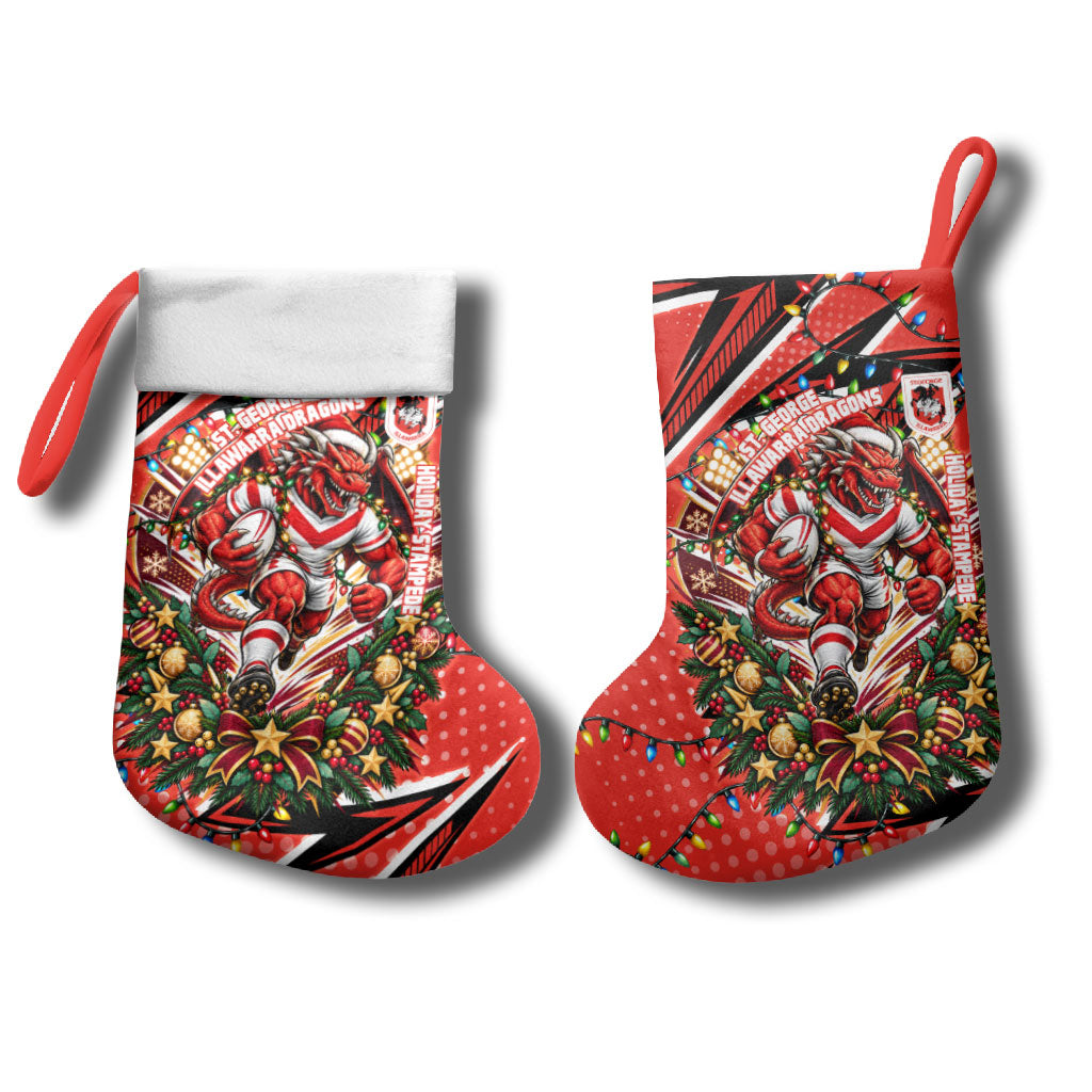 St. George Illawarra Dragons Rugby Christmas Stocking Holiday Mascot Graphic Art Festive Lights Bow