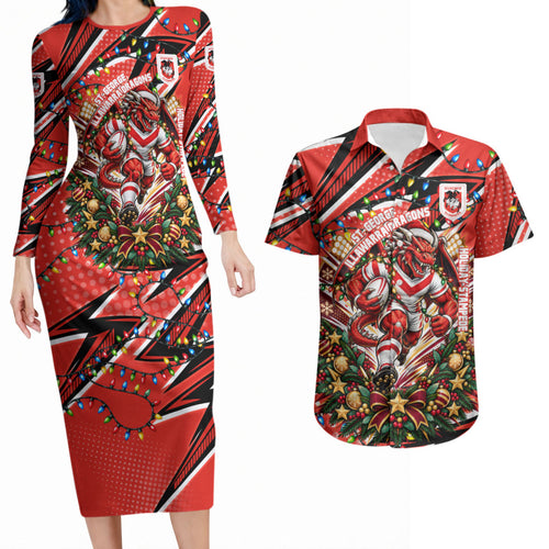 Personalized St. George Illawarra Dragons Rugby Christmas Couples Matching Long Sleeve Bodycon Dress and Hawaiian Shirt Holiday Mascot Graphic Art Festive Lights Bow