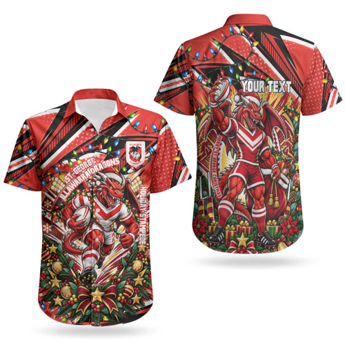 Personalized St. George Illawarra Dragons Rugby Christmas Couples Matching Long Sleeve Bodycon Dress and Hawaiian Shirt Holiday Mascot Graphic Art Festive Lights Bow