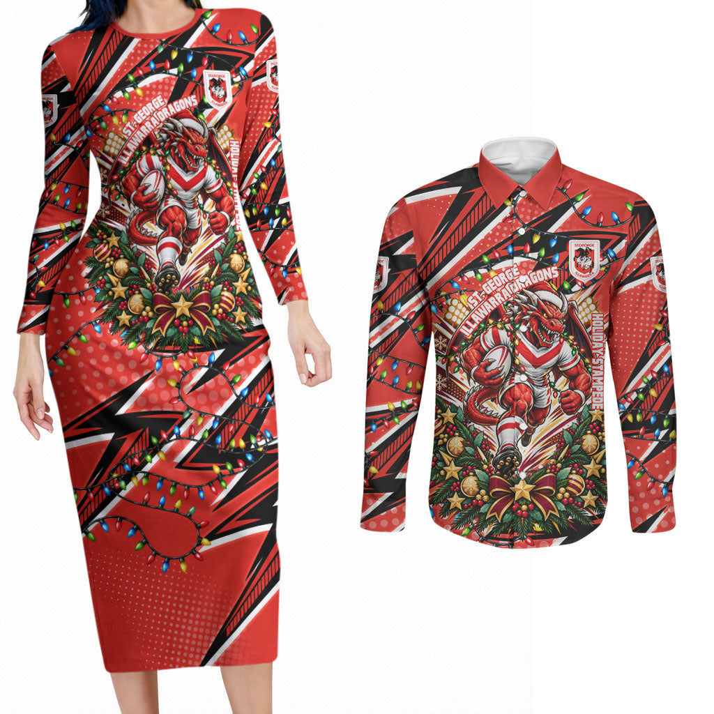 Personalized St. George Illawarra Dragons Rugby Christmas Couples Matching Long Sleeve Bodycon Dress and Long Sleeve Button Shirt Holiday Mascot Graphic Art Festive Lights Bow