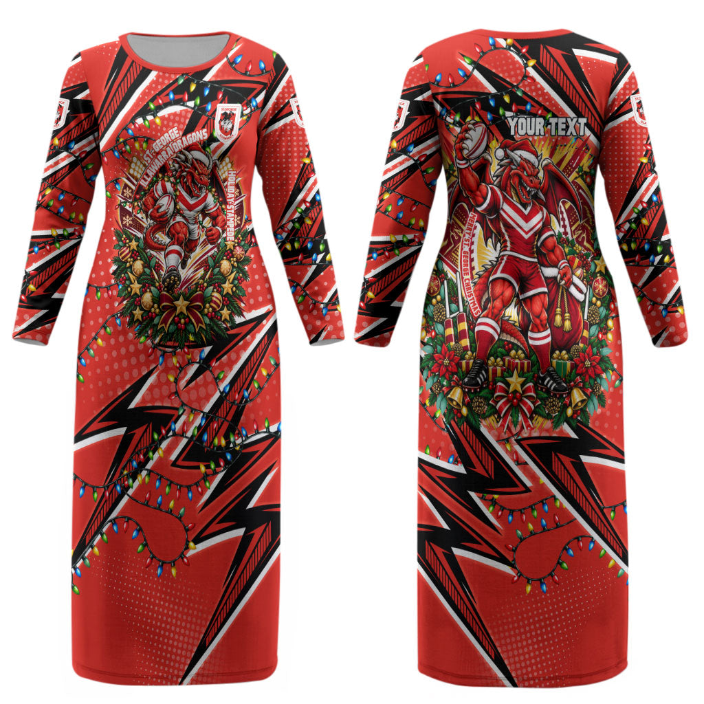 Personalized St. George Illawarra Dragons Rugby Christmas Couples Matching Long Sleeve Bodycon Dress and Long Sleeve Button Shirt Holiday Mascot Graphic Art Festive Lights Bow