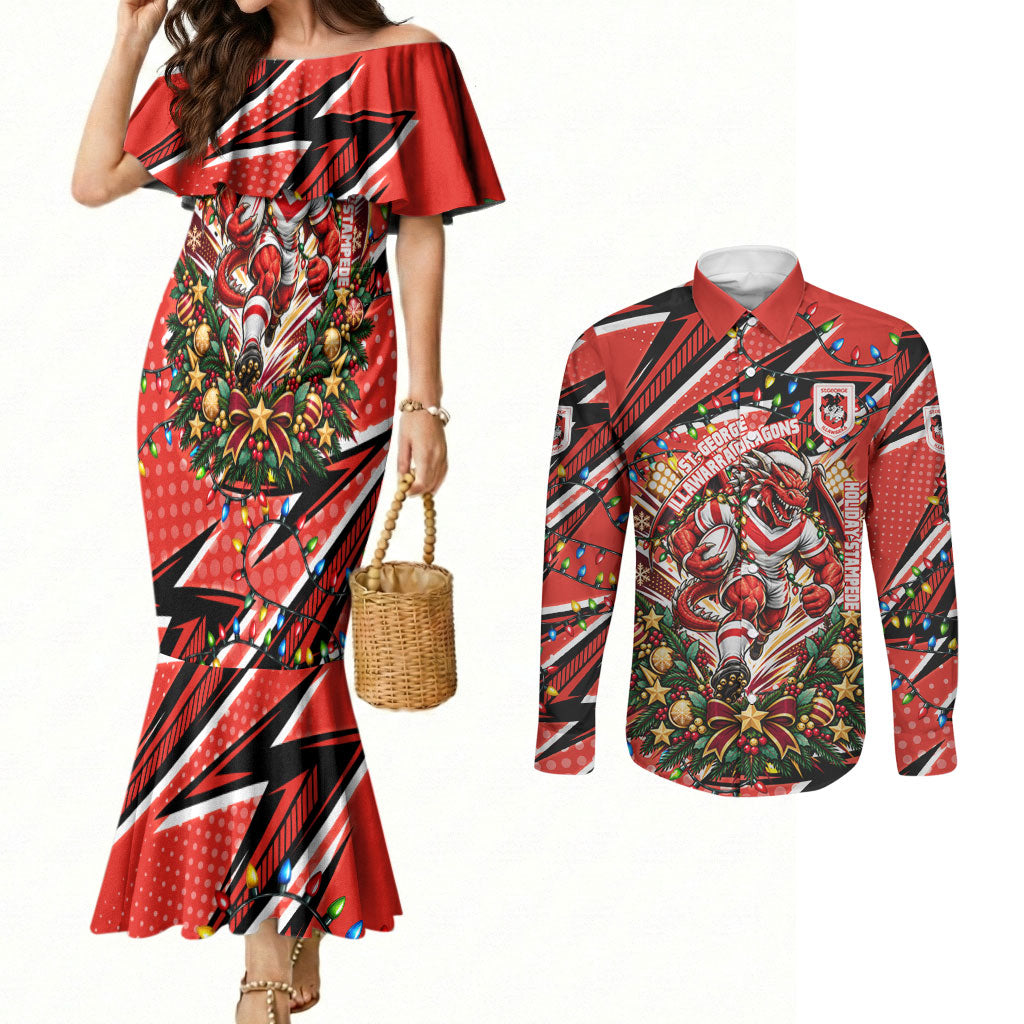 Personalized St. George Illawarra Dragons Rugby Christmas Couples Matching Mermaid Dress and Long Sleeve Button Shirt Holiday Mascot Graphic Art Festive Lights Bow