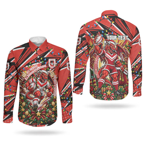 Personalized St. George Illawarra Dragons Rugby Christmas Couples Matching Mermaid Dress and Long Sleeve Button Shirt Holiday Mascot Graphic Art Festive Lights Bow