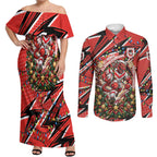 Personalized St. George Illawarra Dragons Rugby Christmas Couples Matching Off Shoulder Maxi Dress and Long Sleeve Button Shirt Holiday Mascot Graphic Art Festive Lights Bow